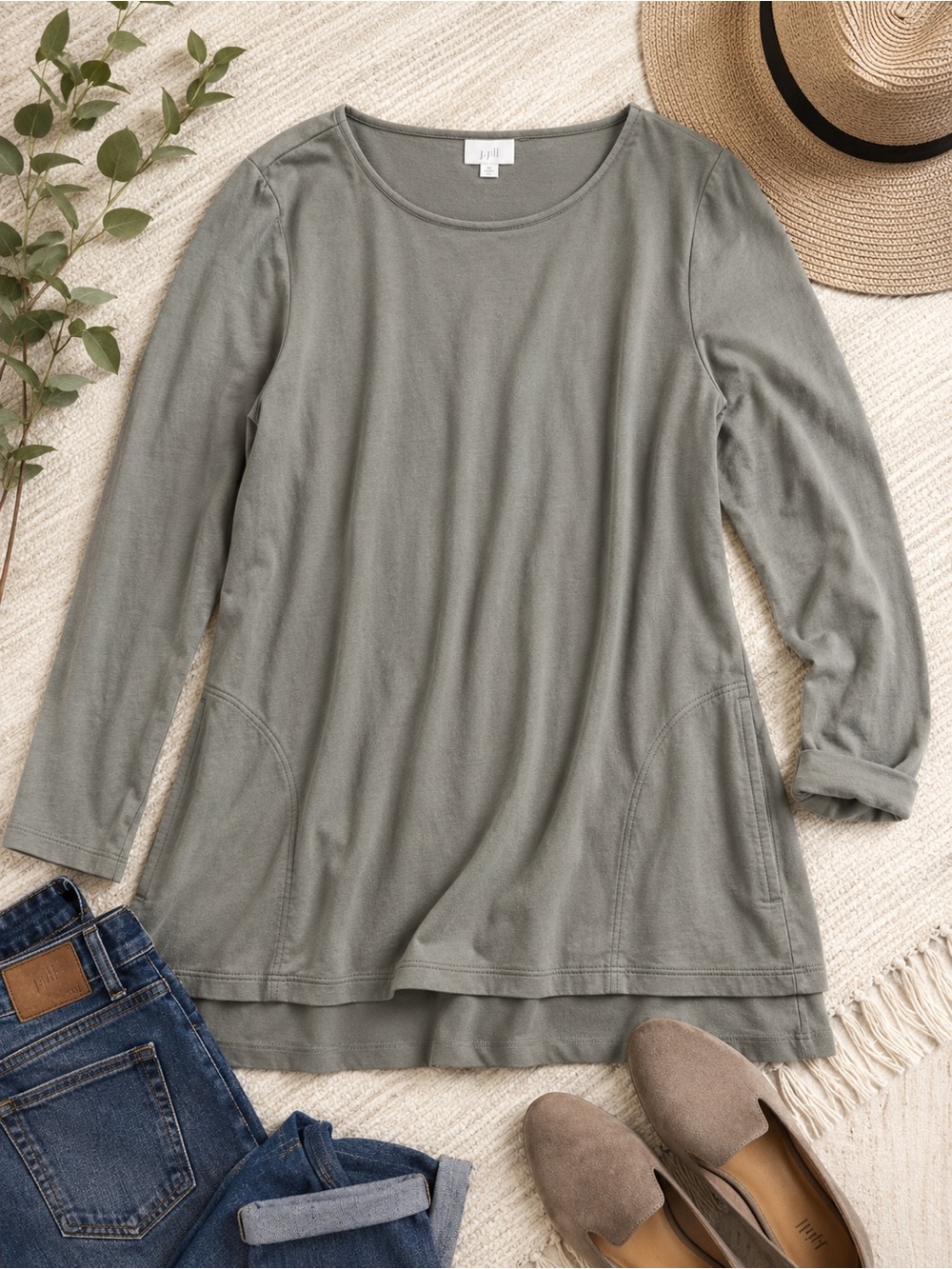 J.Jill Long Sleeve Tunic Top Size M Gray Green Pockets Layered Hem